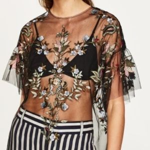 Zara Floral Embroidered Sheer Top